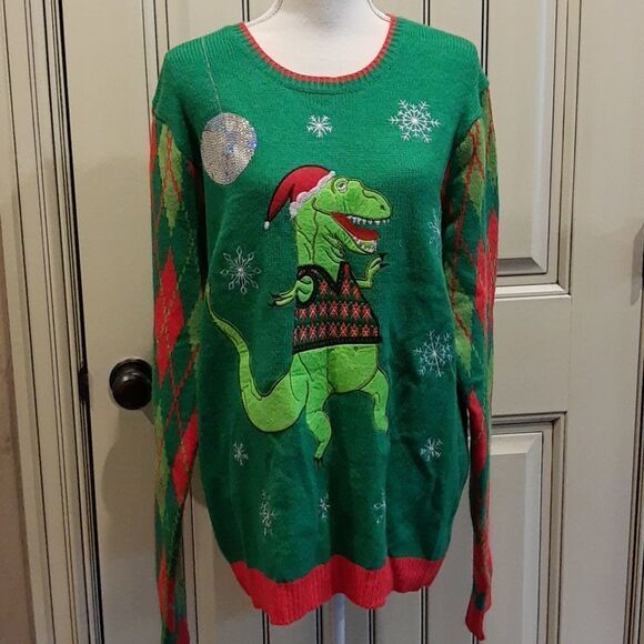 Jolly Christmas Sweater T Rex RAWR! Large Christmas Large Ugly Party Sweater - Picture 1 of 5